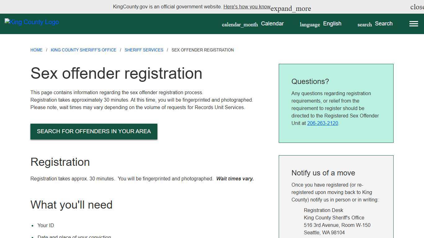 Sex offender registration - King County, Washington